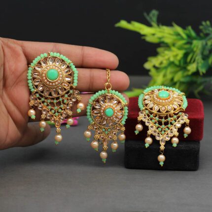 Yaalz Heavy Bali Hoop Partywear Jhumka Earrings In Parrot Green With R